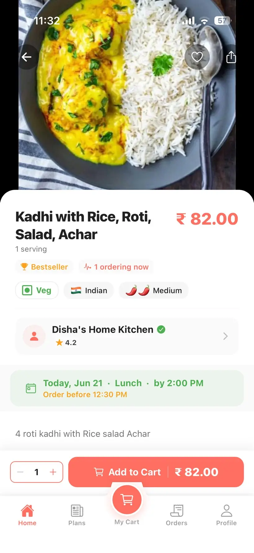 Viewing a home-cooked meal and adding it to cart on the Nomio app