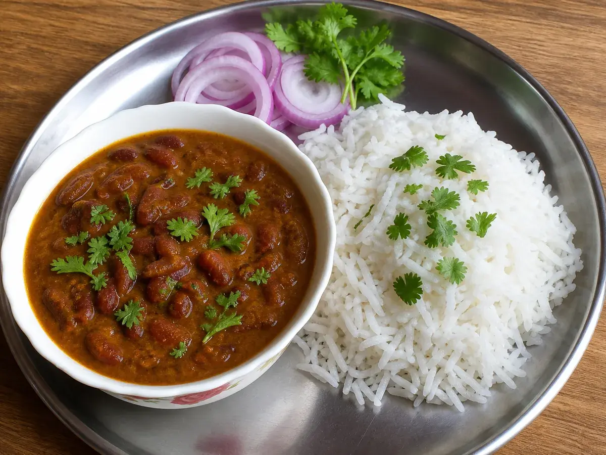 Home-cooked rajma chawal — kidney bean curry with steamed rice — from a verified home chef